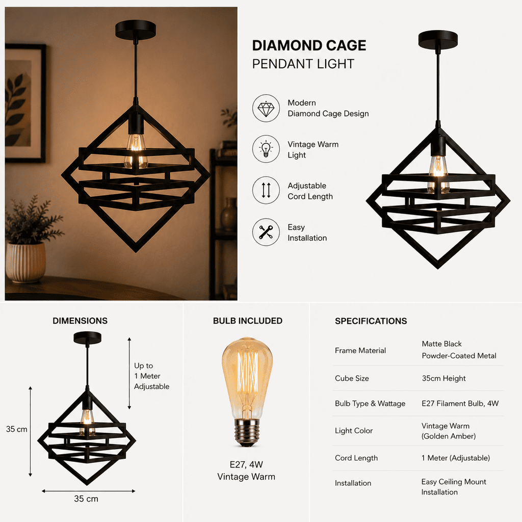 Diamond Cage Hanging Lamp - Industrial Black Metal Pendant, Filament (Bulb Included) - Decoricks