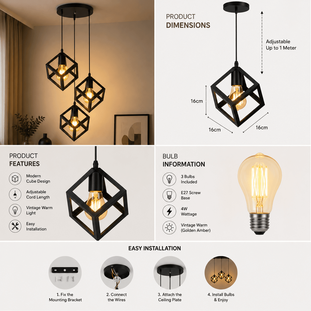 Square Cube Hanging Lamp — 3-in-1 Ceiling & Pendant Light, Bulbs Included - Decoricks